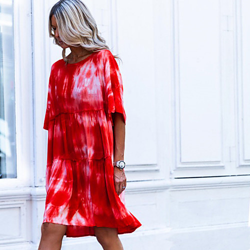 

Women's Sundress Knee Length Dress Red Half Sleeve Tie Dye Summer Round Neck Casual 2021 S M L XL XXL