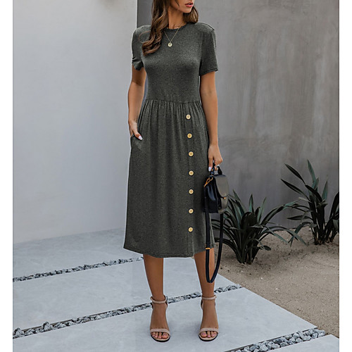 

Women's A Line Dress Midi Dress Army Green Dusty Blue Dark Gray Short Sleeve Solid Color Print Summer Round Neck Hot Casual 2021 S M L XL XXL