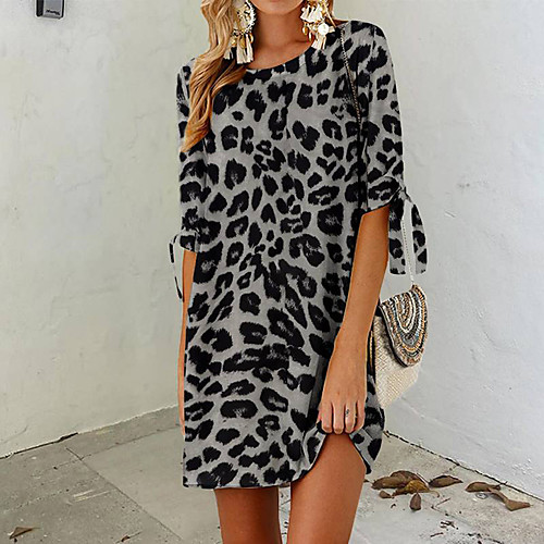 

Women's Shift Dress Knee Length Dress Khaki Gray Half Sleeve Leopard Print Summer V Neck Hot Casual 2021 S M L XL XXL