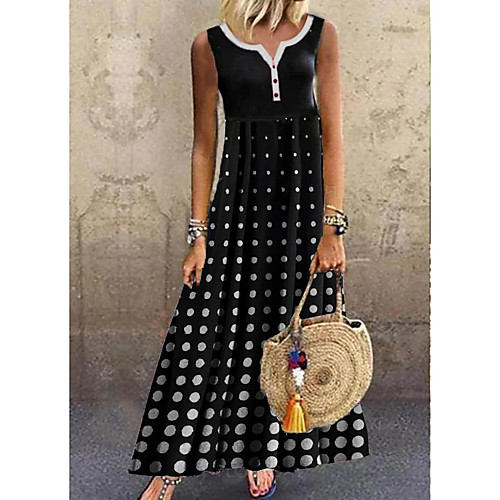 

Women's A Line Dress Maxi long Dress Black Sleeveless Polka Dot Summer Round Neck Hot Casual 2021 M L XL XXL 3XL