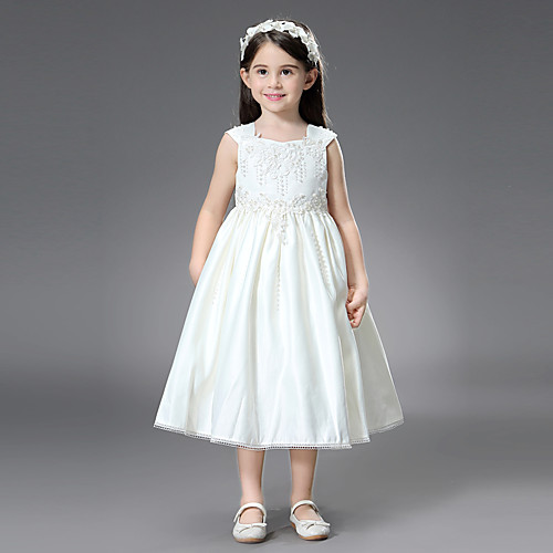 

Princess / Ball Gown Ankle Length / Royal Length Train Wedding / First Communion Flower Girl Dresses - Satin Sleeveless Square Neck with Belt / Beading / Appliques