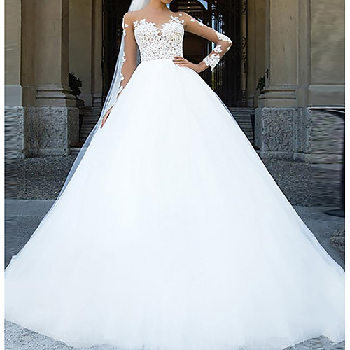 

Ball Gown Wedding Dresses Sweetheart Neckline Chapel Train Lace Tulle Sleeveless Formal with Appliques 2021