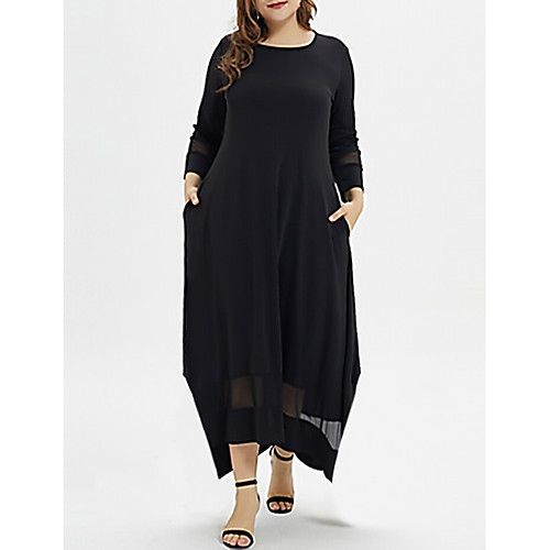 

Women's A Line Dress Maxi long Dress Black Long Sleeve Solid Colored Round Neck Casual XL XXL 3XL 4XL 5XL / Plus Size