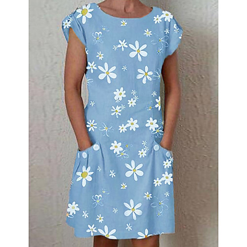 

Women's Shift Dress Knee Length Dress Blue Green Gray Light Blue Short Sleeve Daisy Floral Pocket Print Summer Round Neck Hot Elegant Casual 2021 S M L XL XXL 3XL