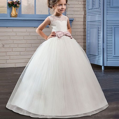 

Princess / Ball Gown Floor Length Party / Wedding Flower Girl Dresses - Tulle Sleeveless Jewel Neck with Bow(s) / Beading / Embroidery