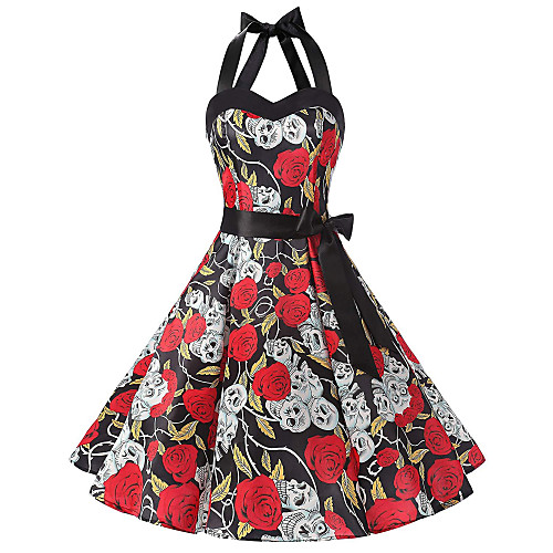 

Women's Halloween A Line Dress Knee Length Dress Red Sleeveless Skulls Floral Print Zipper Print Summer Strapless Hot Vintage Cotton 2021 S M L XL XXL