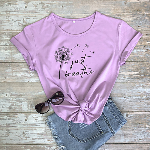 

Women's T shirt Graphic Floral Text Print Round Neck Tops 100% Cotton Basic Basic Top White Black Purple