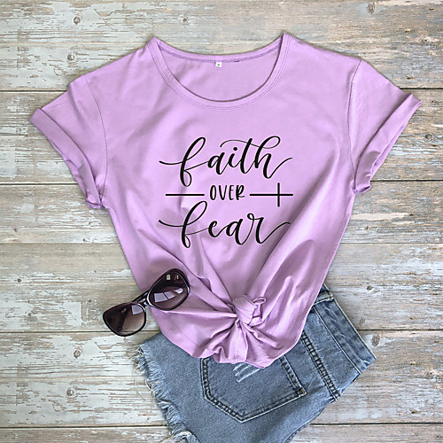 

Women's Faith T shirt Graphic Text Graphic Prints Print Round Neck Tops 100% Cotton Basic Basic Top White Black Purple