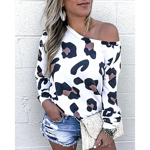 

Women's T shirt Leopard Cheetah Print Long Sleeve Print Off Shoulder Tops Basic Basic Top White