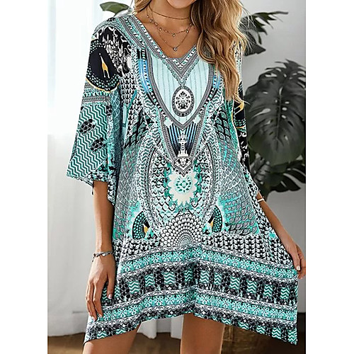 

Women's Shift Dress Knee Length Dress - 3/4 Length Sleeve Tribal Print Summer V Neck Boho Holiday Beach 2020 Blue Purple Yellow Blushing Pink Sky Blue S M L XL XXL