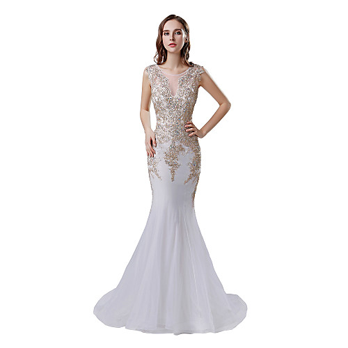 

Mermaid / Trumpet Glittering Elegant Engagement Formal Evening Dress Illusion Neck Sleeveless Court Train Tulle with Beading Appliques 2021