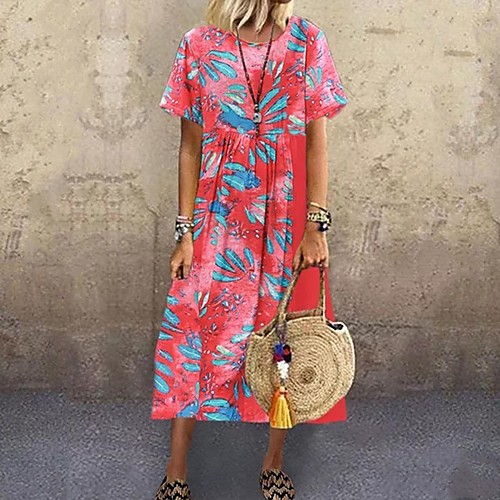 

Women's A Line Dress Midi Dress Purple Red Yellow Short Sleeve Print Patchwork Print Summer Round Neck Hot Casual Cotton 2021 M L XL XXL