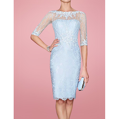 

Sheath / Column Mother of the Bride Dress Elegant Jewel Neck Knee Length Lace 3/4 Length Sleeve with Embroidery 2021
