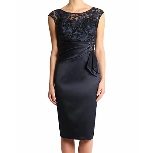 

Sheath / Column Mother of the Bride Dress Elegant Jewel Neck Knee Length Lace Satin Sleeveless with Sash / Ribbon 2021