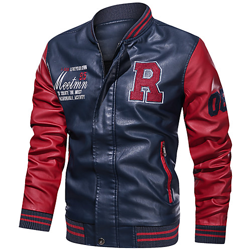 

Men's Letter Embroidered Active Fall & Winter Faux Leather Jacket Regular Daily Long Sleeve PU Coat Tops White