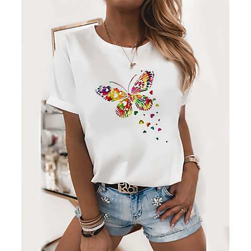

Women's T-shirt Butterfly Graphic Prints Printing Round Neck Tops Slim 100% Cotton Basic Top White