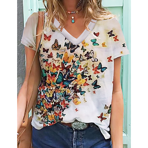 

Women's T shirt Butterfly Animal Print V Neck Tops Basic Top White