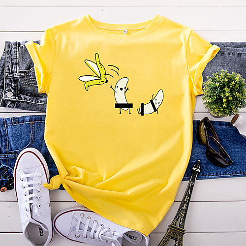 

Women's T shirt Fruit Print Round Neck Tops 100% Cotton Basic Basic Top White Yellow Blushing Pink