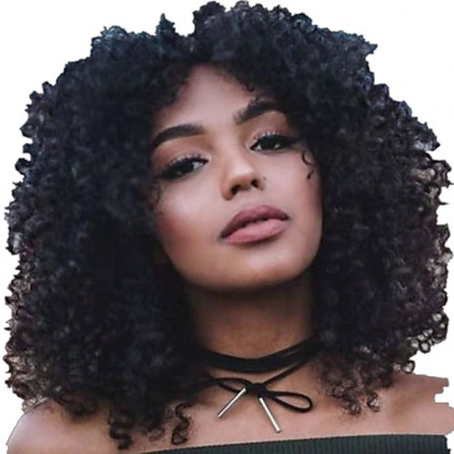 

Remy Human Hair Wig Medium Length Kinky Curly Bob Natural Women Sexy Lady New Capless Malaysian Hair Women's Natural Black #1B 18 inch 20 inch 22 inch