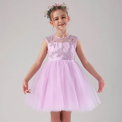 

Princess / Ball Gown Medium Length Wedding / Birthday Flower Girl Dresses - Satin / Tulle Sleeveless Jewel Neck with Beading / Appliques / Solid