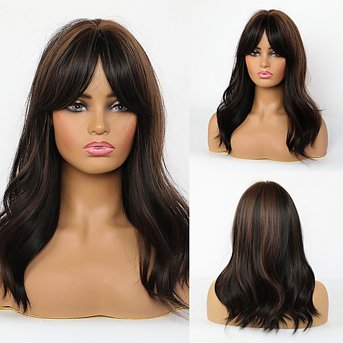 

Synthetic Wig Natural Wave With Bangs Wig Long Dark Brown Synthetic Hair 20 inch Women's Fashionable Design Life Women Dark Brown