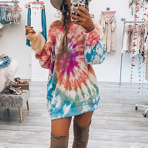 

Women's T Shirt Dress Tee Dress Knee Length Dress Purple Red Green Long Sleeve Print Print Summer Round Neck Hot Casual 2021 S M L XL