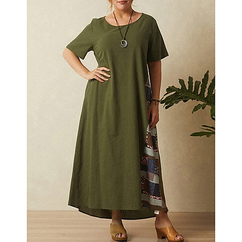 

Women's Shift Dress Maxi long Dress Army Green Dusty Blue Short Sleeve Color Block Summer Round Neck Casual Cotton 2021 M L XL XXL 3XL 4XL 5XL / Plus Size