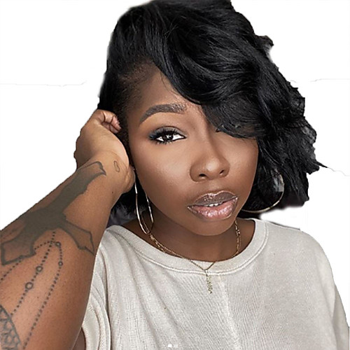 

Human Hair Lace Front Wig Bob Short Bob Free Part style Brazilian Hair Wavy Black Wig 130% Density with Baby Hair Natural Hairline For Black Women 100% Virgin 100% Hand Tied Women's Short Human Hair