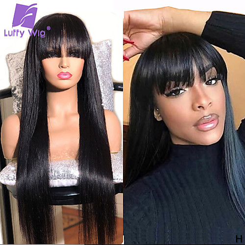 

Human Hair 100% Hand Tied Wig Neat Bang With Bangs style Brazilian Hair Silky Straight Natural Black Wig 150% Density Women Medium Size Natural Hairline For Black Women Women's Long Medium Length