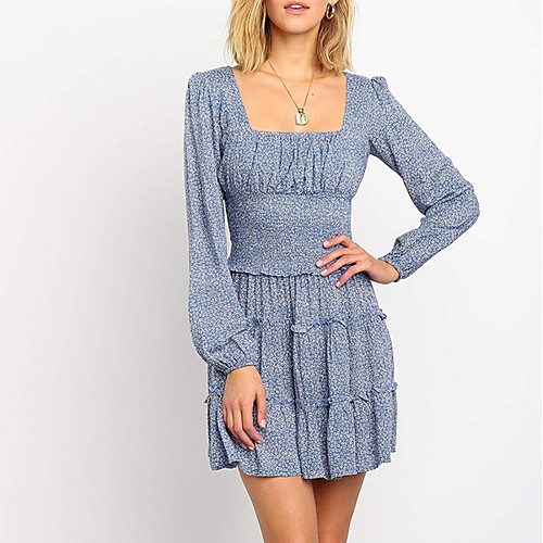 

Women's Chiffon Dress Short Mini Dress Black Blue Red Yellow Rainbow Long Sleeve Floral Summer Square Neck Work Hot 2021 S M L XL XXL