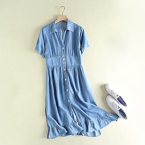 

Women's Denim Shirt Dress Midi Dress Blue Light Blue Short Sleeve Solid Color Ruffle Summer Shirt Collar Casual Cotton 2021 M L