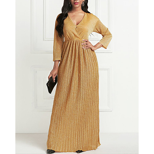 

Women's Maxi long Dress Gold 3/4 Length Sleeve Pleated Summer V Neck Hot Formal 2021 S M L XL XXL