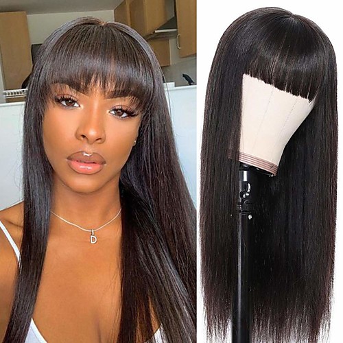 

Remy Human Hair Wig Short Straight Neat Bang Natural Black Party Women Easy dressing Machine Made Capless Brazilian Hair Malaysian Hair Women's Girls' Natural Black 20 inch