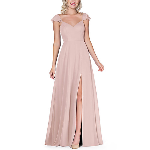 

A-Line V Neck Floor Length Chiffon Bridesmaid Dress with Pleats / Split Front