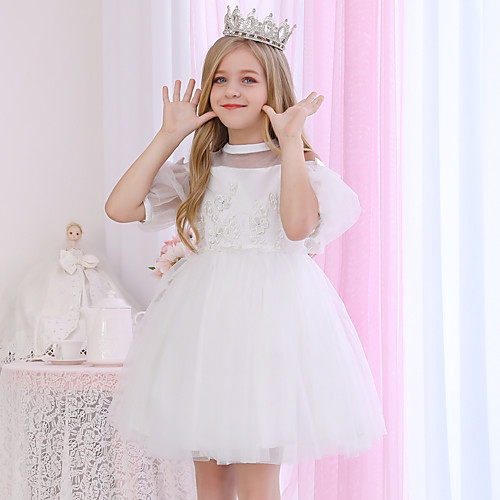 

Princess / Ball Gown Medium Length Event / Party / Birthday Flower Girl Dresses - Satin / Tulle 3/4 Length Sleeve Illusion Neck / Halter Neck with Beading / Appliques / Solid