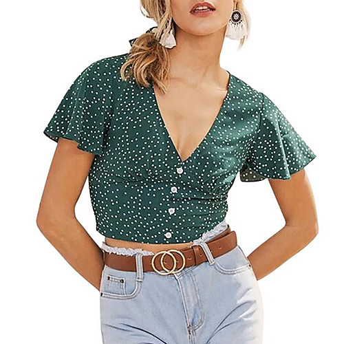 

Women's Blouse Shirt Floral Flower V Neck Tops Basic Top Green