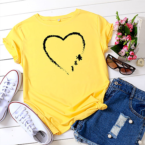 

Women's T shirt Cartoon Heart Print Round Neck Tops 100% Cotton Basic Basic Top White Yellow Blushing Pink