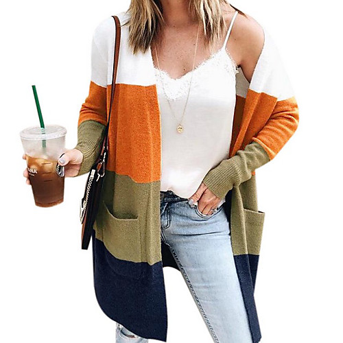 

Women's Color Block Cardigan Long Sleeve Loose Sweater Cardigans V Neck Orange Brown Gray