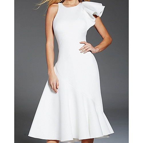 

A-Line Minimalist Elegant Homecoming Cocktail Party Dress Jewel Neck Sleeveless Tea Length Stretch Satin with Sleek 2021