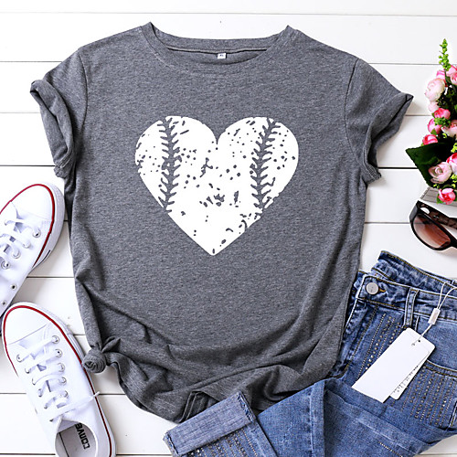 

Women's T shirt Heart Graphic Prints Print Round Neck Tops 100% Cotton Basic Basic Top Black Yellow Blushing Pink