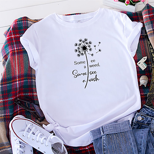 

Women's T-shirt Floral Letter Flower Print Round Neck Tops 100% Cotton Basic Basic Top White Yellow Blushing Pink