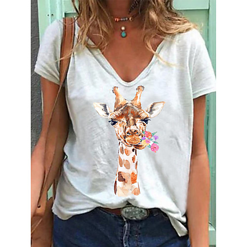 

Women's T-shirt Floral Animal Flower Print V Neck Tops Loose Cotton Basic Basic Top White