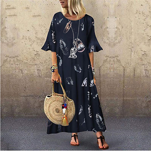 

Women's A Line Dress Maxi long Dress White Navy Blue Half Sleeve Print Print Summer Round Neck Casual 2021 L XL XXL 3XL 4XL 5XL