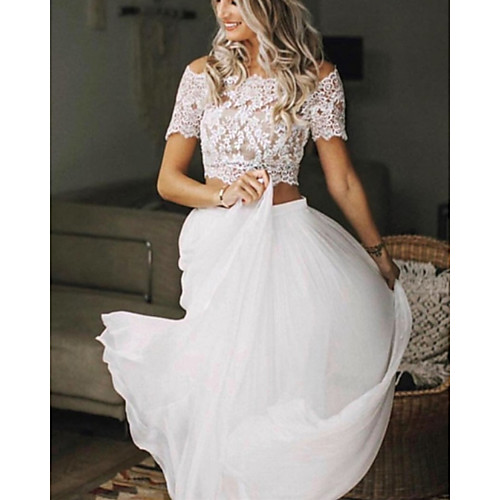 

Two Piece Wedding Dresses Jewel Neck Sweep / Brush Train Chiffon Lace Short Sleeve Beach Boho Sexy See-Through with Pleats 2021