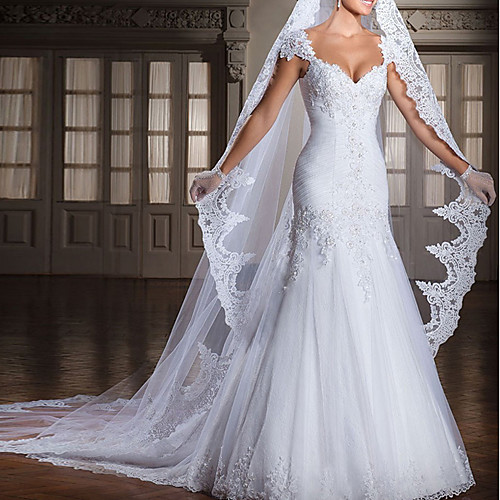 

Mermaid / Trumpet Wedding Dresses V Neck Chapel Train Lace Tulle Sleeveless Formal with Ruched Beading Appliques 2021