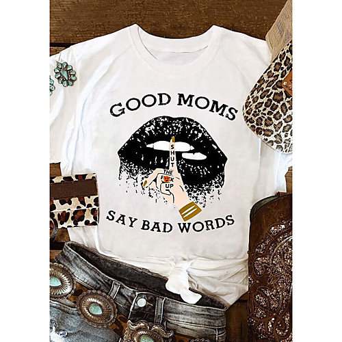 

Women's T-shirt Graphic Prints Letter Print Round Neck Tops Slim 100% Cotton Basic Basic Top White