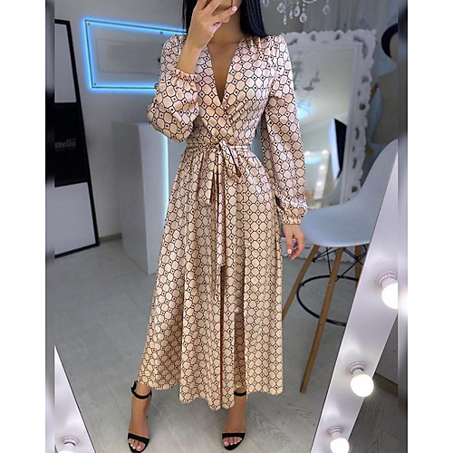 

Women's Swing Dress Maxi long Dress Gold Long Sleeve Geometric Patchwork Print Spring Summer V Neck Hot Casual Lantern Sleeve 2021 S M L XL