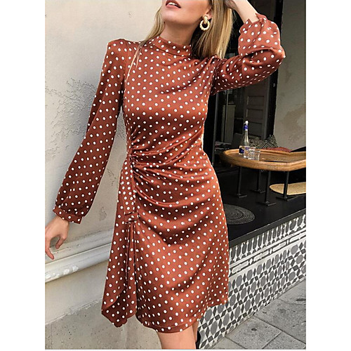 

Women's A Line Dress Knee Length Dress Brown Long Sleeve Polka Dot Summer Round Neck Hot Casual Cotton 2021 S M L