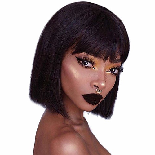 

Remy Human Hair Wig Short Straight Afro Curly Bob Neat Bang Natural Black Party Women Easy dressing Machine Made Capless Brazilian Hair Malaysian Hair Women's Girls' Natural Black 10 inch