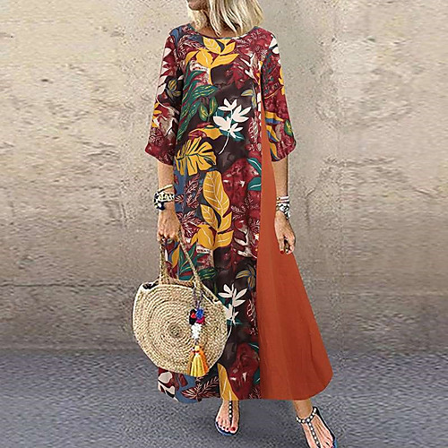 

Women's Swing Dress Maxi long Dress Blue Orange Gold Half Sleeve Print Patchwork Print Summer Round Neck Hot Vintage Oversized 2021 M L XL XXL 3XL 5XL